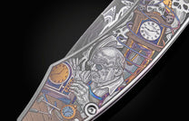 Knife with detailed etched artwork featuring a watchmaker, clocks, and gears in metallic iridescent colors, with a Damascus blade.