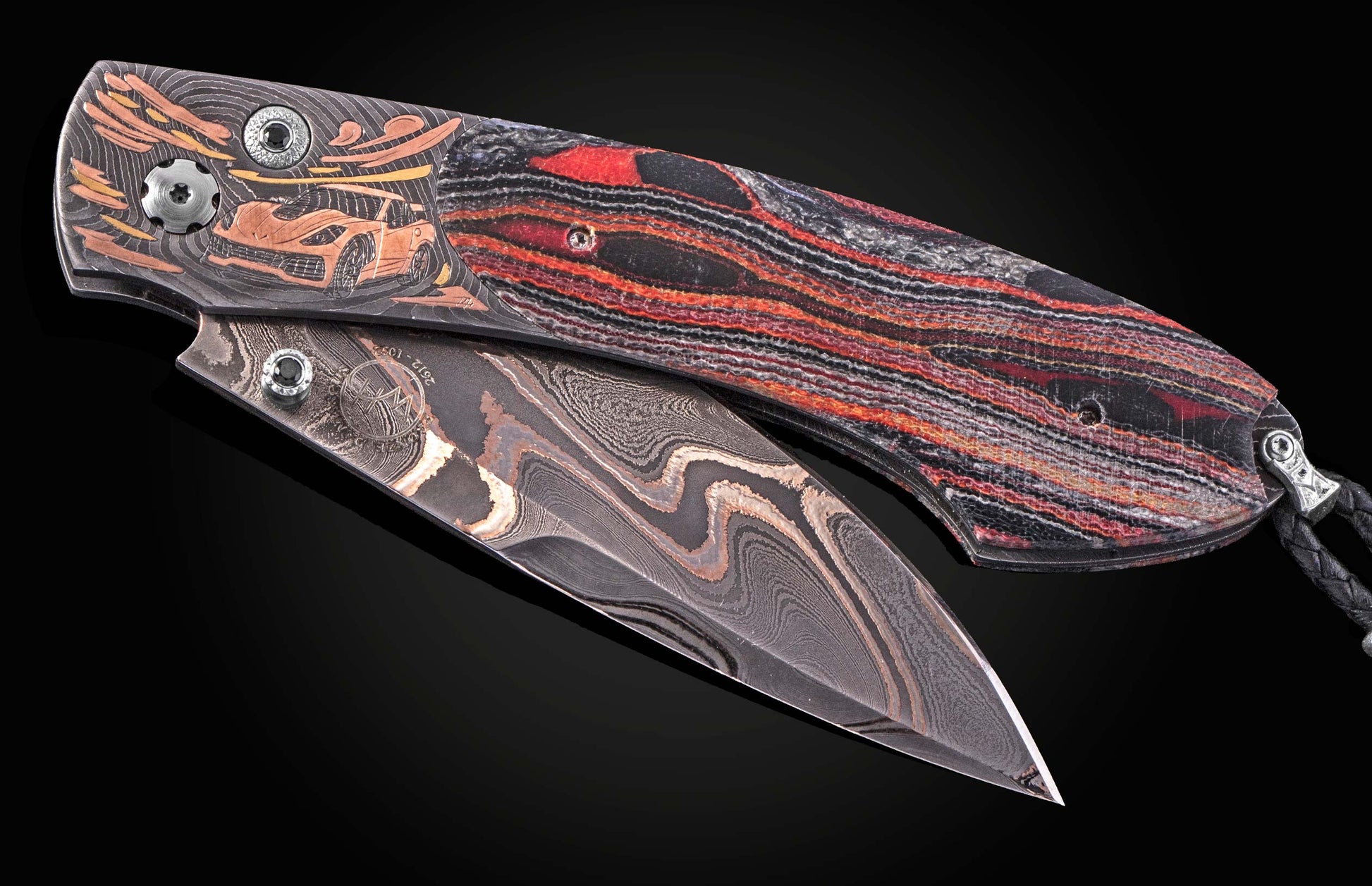 Luxury folding knife with damascus steel blade and red-black striped handle, featuring engraved sports car design on frame, side view