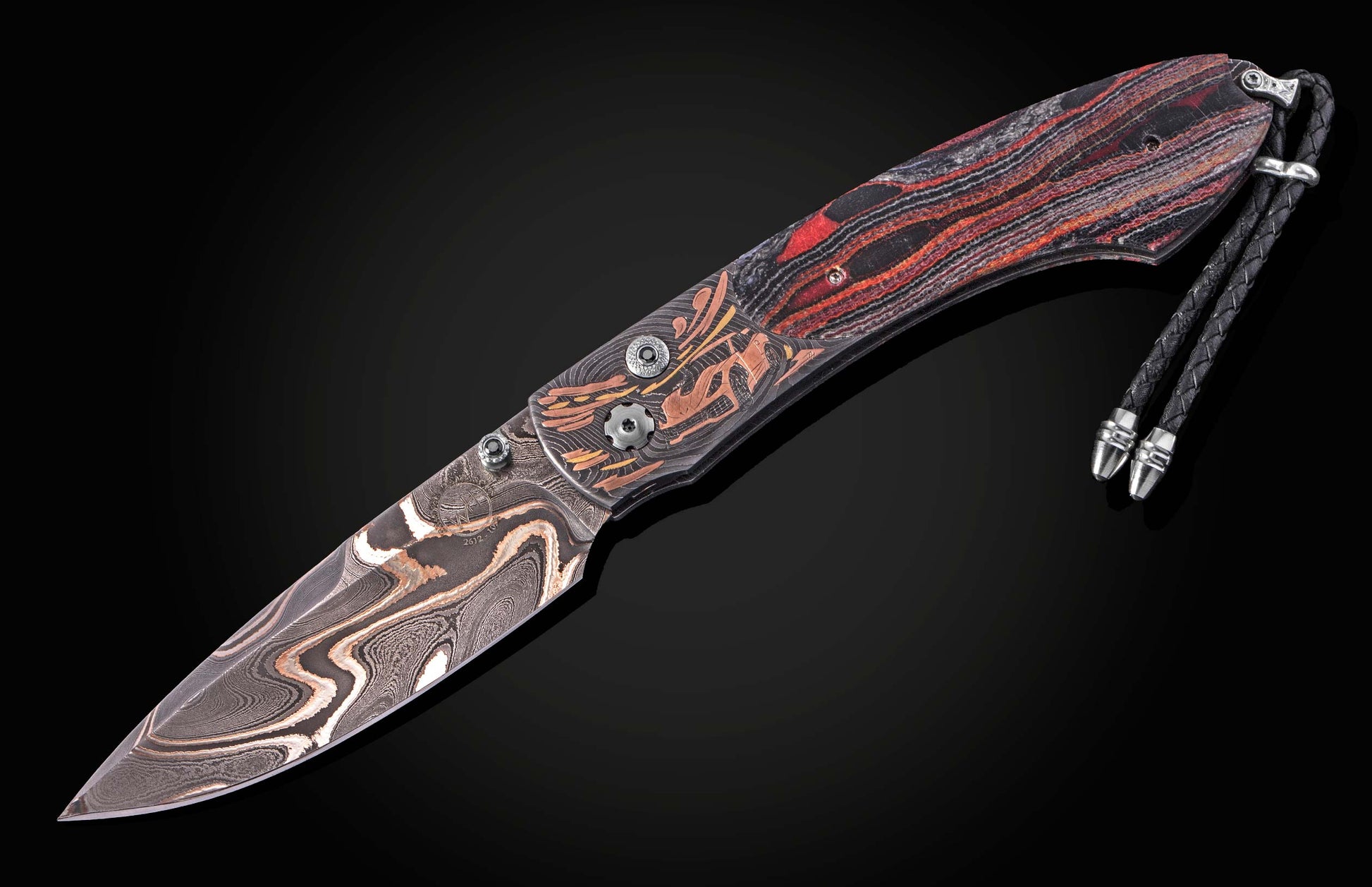 Damascus steel knife with red and black striped handle by B12, featuring intricate blade patterns and silver hardware, side view on dark background