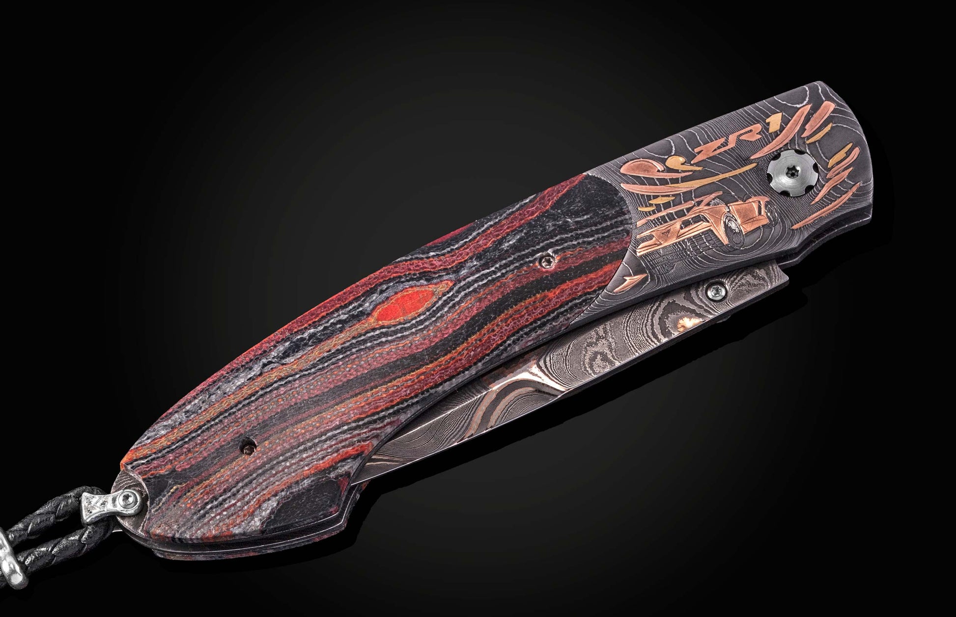 Luxury folding knife with red and black damascus handle, copper inlay of ZR1 car, by B12, side view on black background