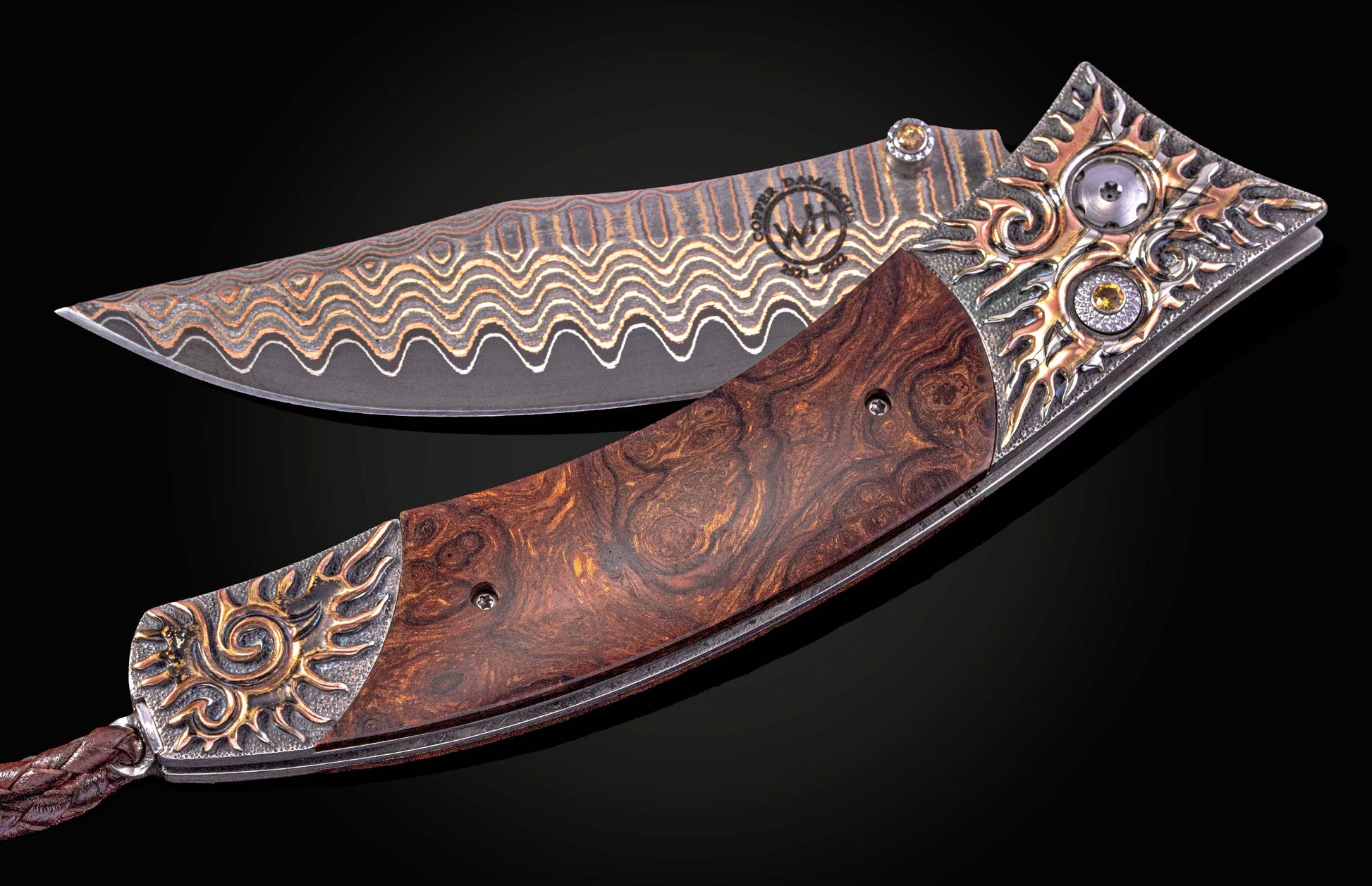 William Henry knife with hand-carved sterling silver, mokume gane, desert ironwood, and damascus steel blade