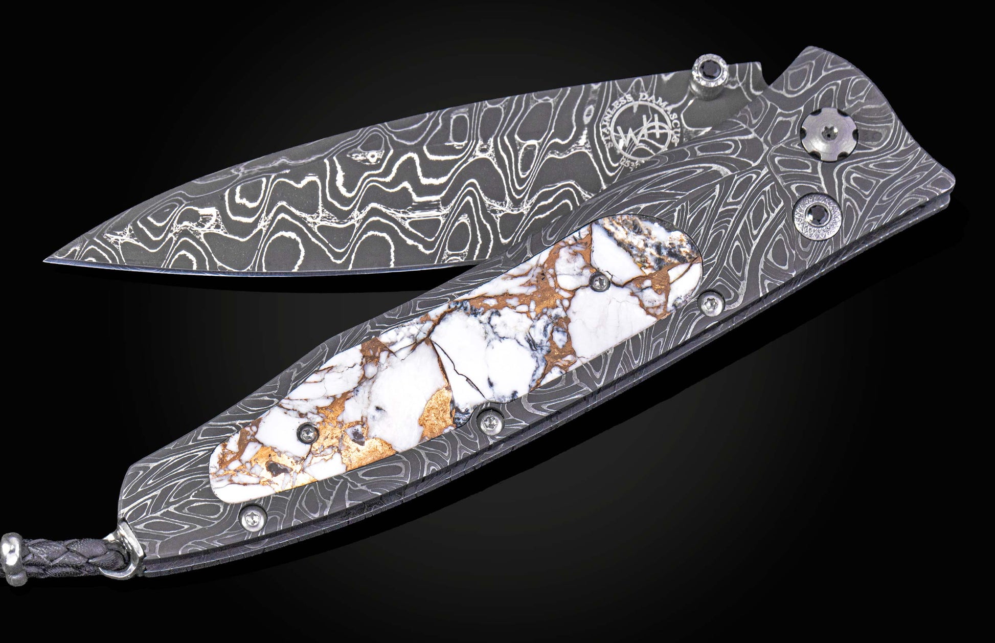 William Henry folding knife with damascus steel and white turquoise in bornze.