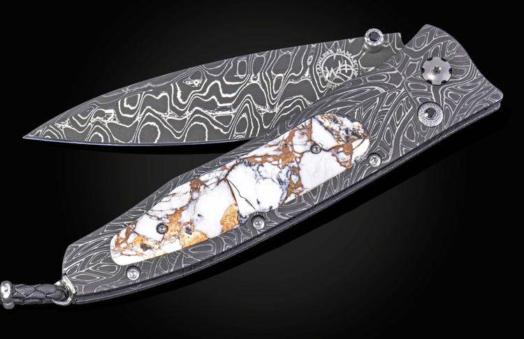 William Henry folding knife with damascus steel and white turquoise in bornze.