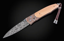 William Henry knife with wood from Yankee Stadium, Mokume Gane frame, and damascus blade
