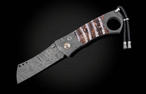 Damascus steel cigar cutter with marbled stone inlay and braided leather lanyard, side view on black background