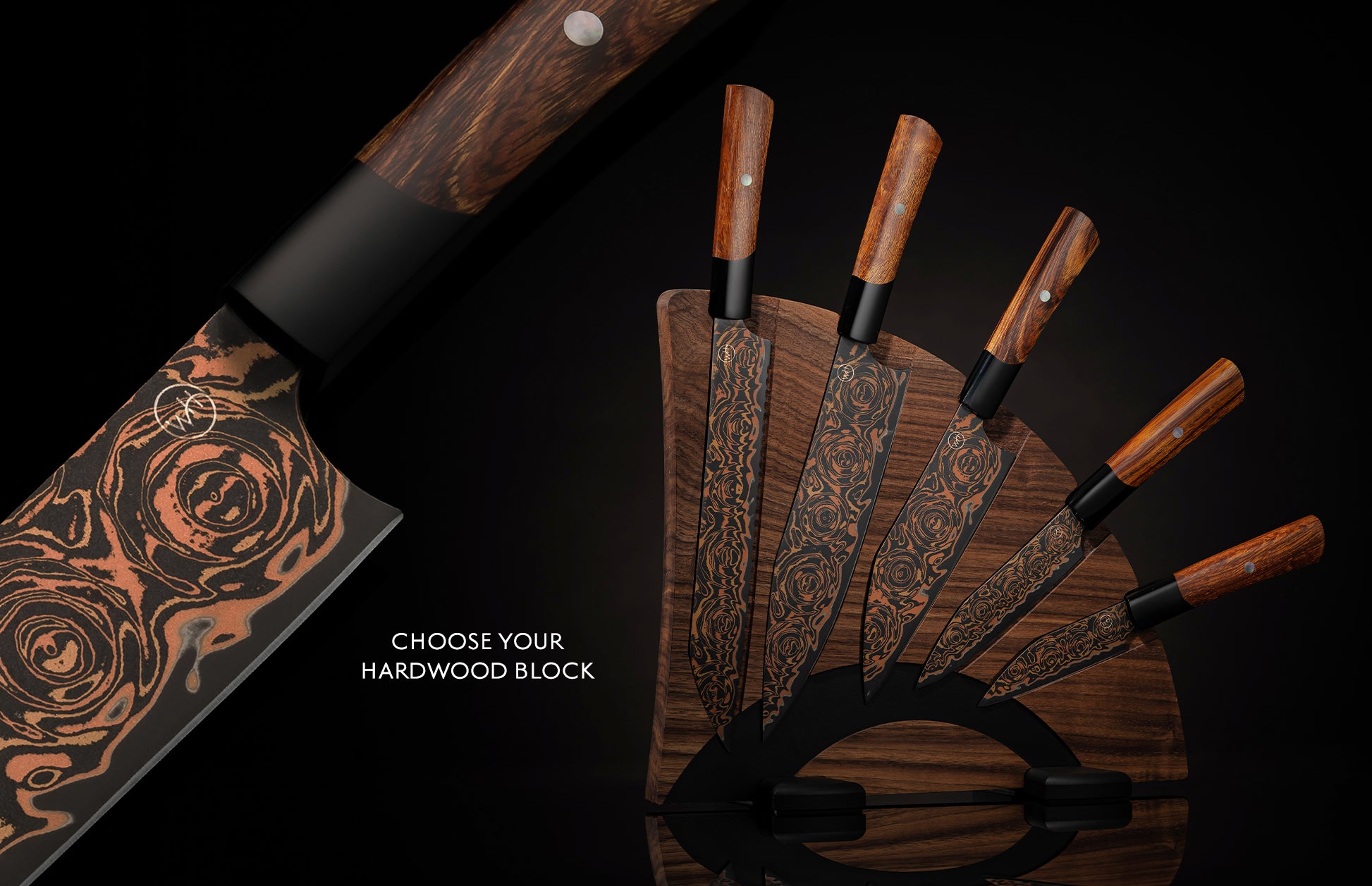 decorative chef knife set with swirled metal blade 