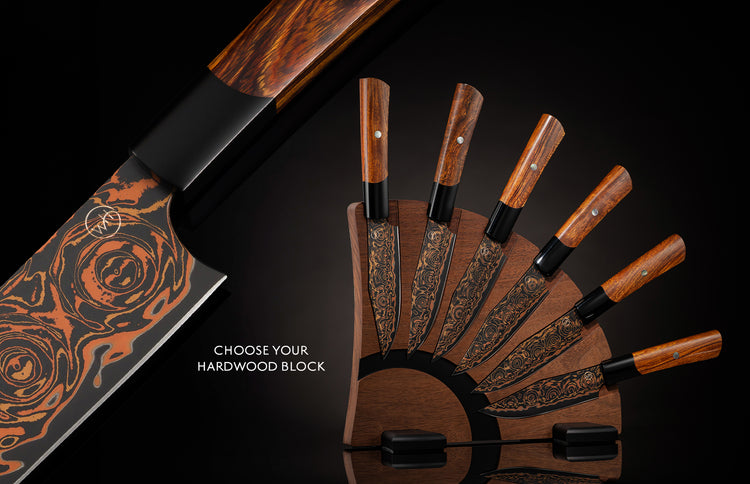 Set of knives with wooden handles on a black background