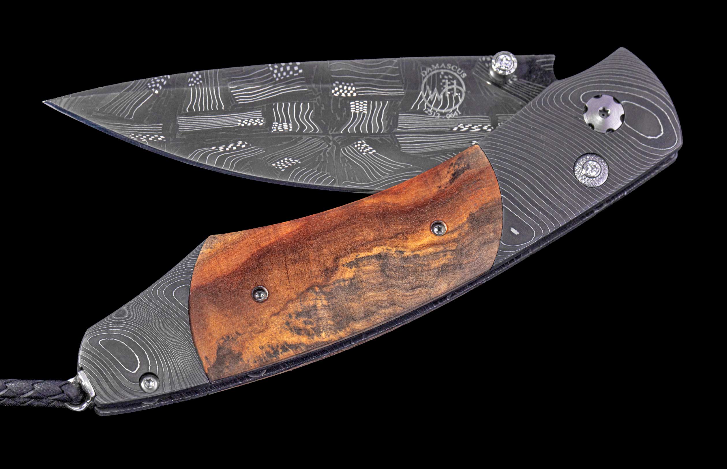 Open folding knife with a dark gray Damascus blade patterned with wavy lines and squares, a brown wooden inlay, and a swirled Damascus handle, with a black lanyard.