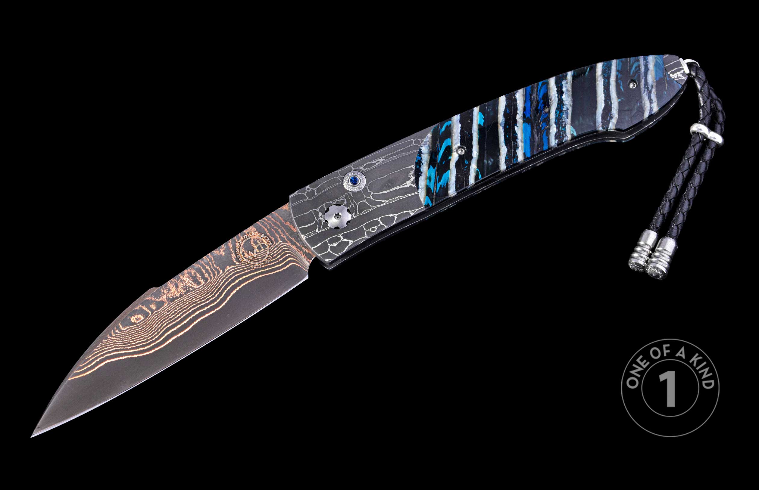 Automatic knife with copper-patterned Damascus blade, grey handle with blue and white striped section, blue gem pivot, and braided leather lanyard.