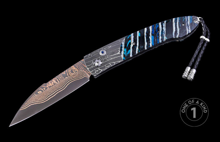 Automatic knife with copper-patterned Damascus blade, grey handle with blue and white striped section, blue gem pivot, and braided leather lanyard.