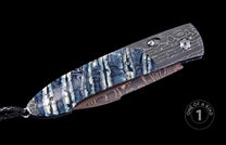 Automatic knife with an iridescent blue and white striped handle, a Damascus blade, and a black leather lanyard.