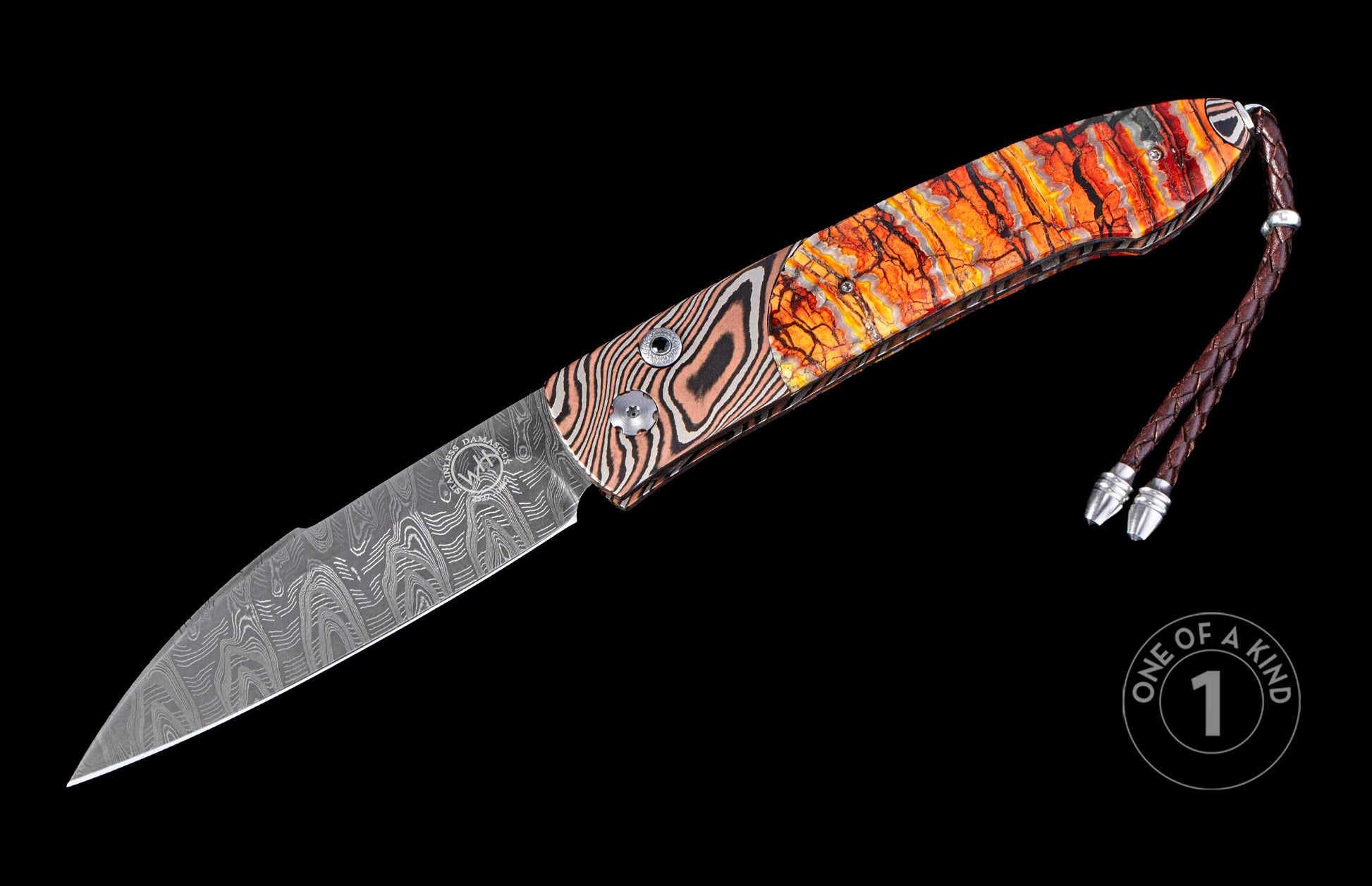 Folding knife with decorative frame and fossil mammoth tooth scales on a black background. Blade shown open