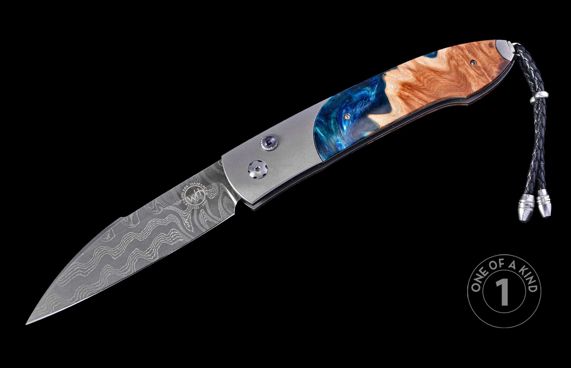 open pocket knife with wood and resin handle on a black background