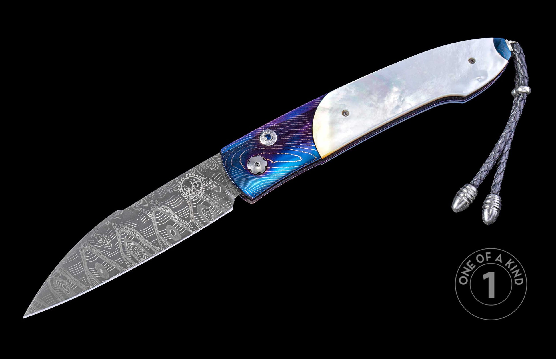 open knife with damascus blade and mother of pearl handle on a black background, featuring 'One of a Kind' branding.