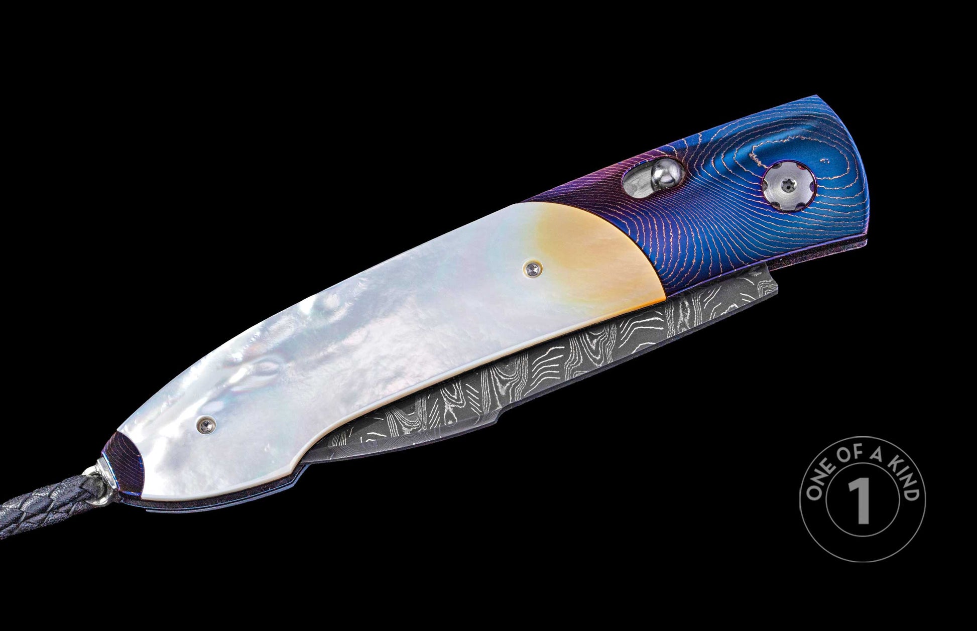 closed knife with damascus blade and mother of pearl handle on a black background, featuring 'One of a Kind' branding.
