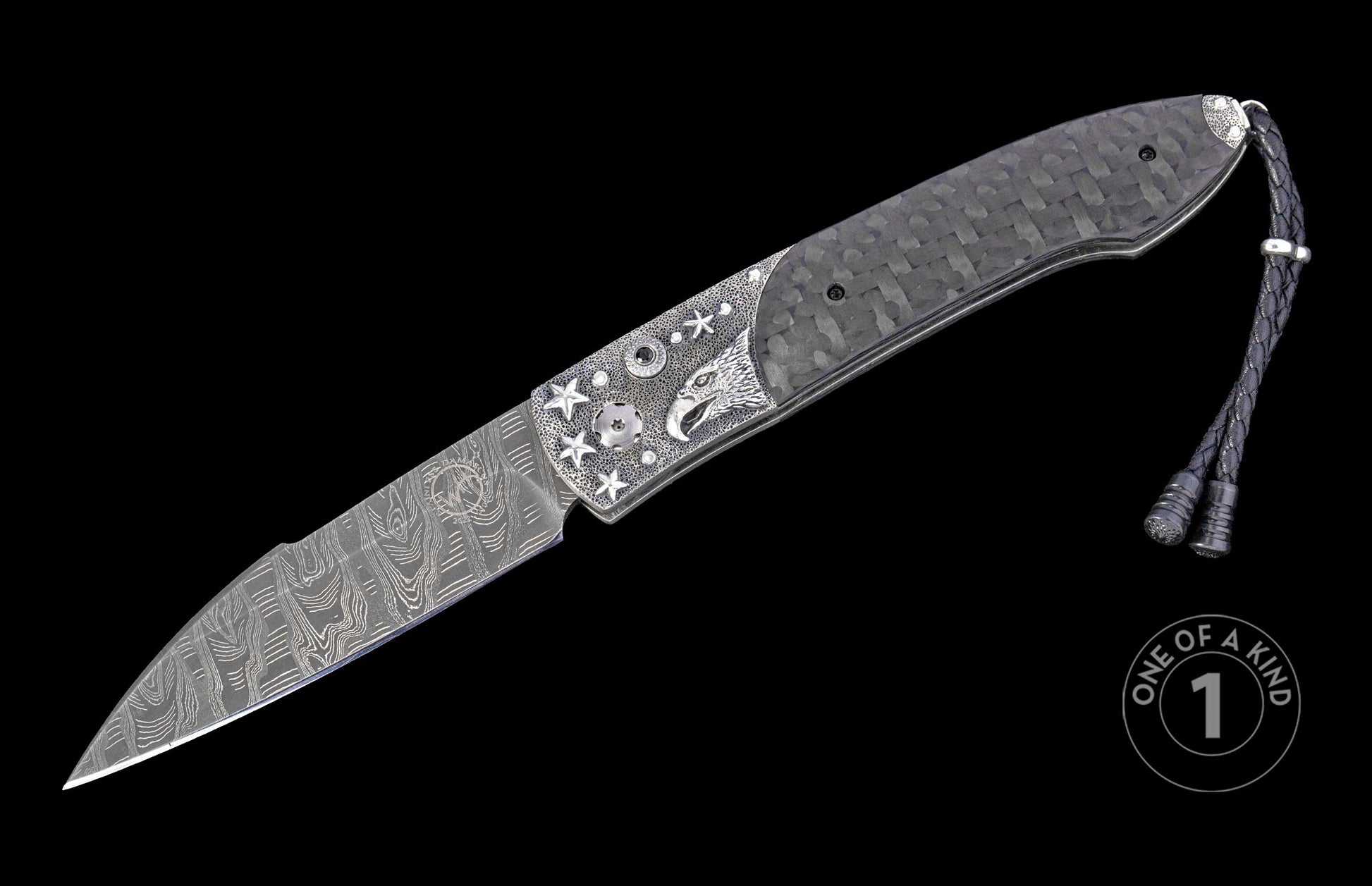 open knife with star and eagle engraved handle on a black background, featuring 'One of a Kind' branding.