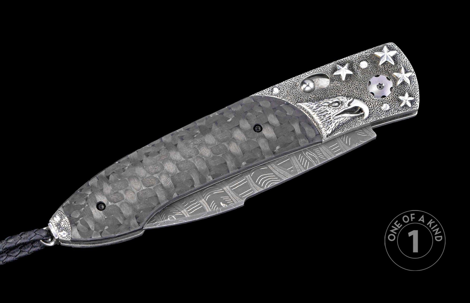 closed knife with star and eagle engraved handle on a black background, featuring 'One of a Kind' branding.