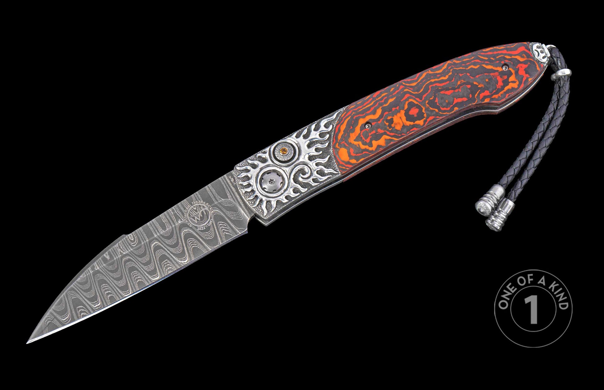 Folding knife with decorative carbon fiber handle and open blade on a black background