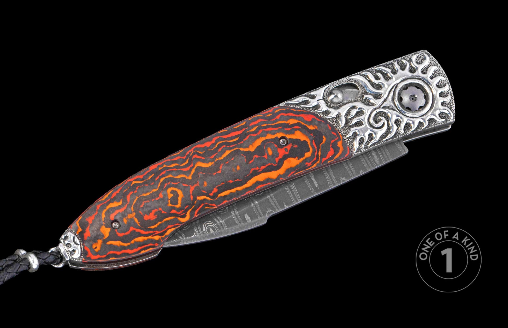 Folding knife with decorative carbon fiber handle and closed blade on a black background