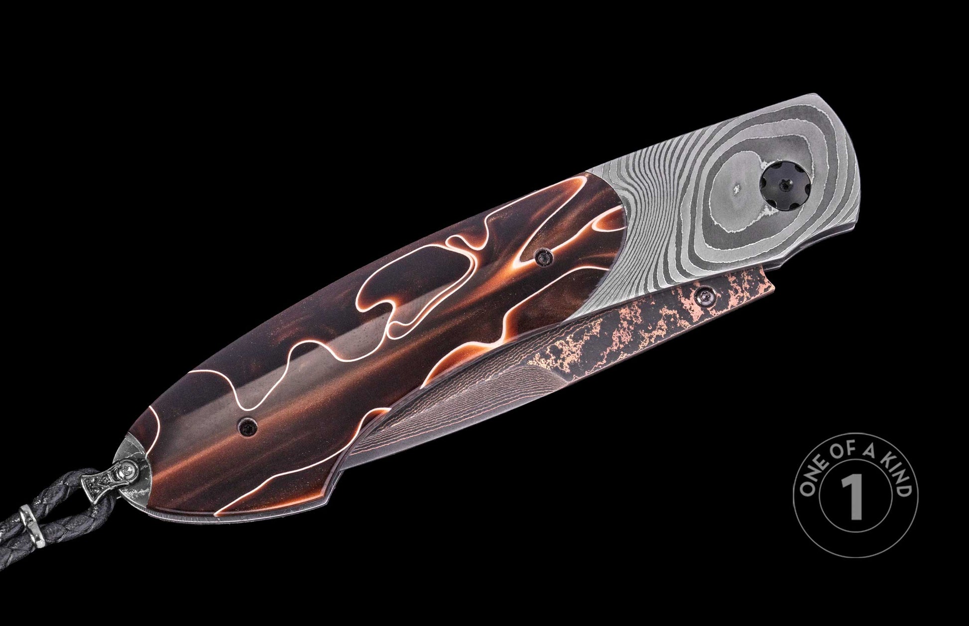 Luxury folding knife with amber-streaked resin handle and damascus steel blade, side view, one of a kind