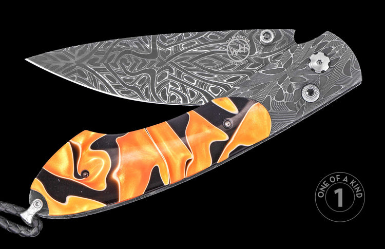 Damascus steel knife with orange and black resin handle by WH, featuring intricate wave patterns and polished silver hardware, one-of-a-kind design, side view.