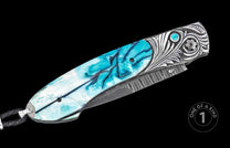 Turquoise marbled handle folding knife with damascus blade and engraved silver bolster, side view, one of a kind