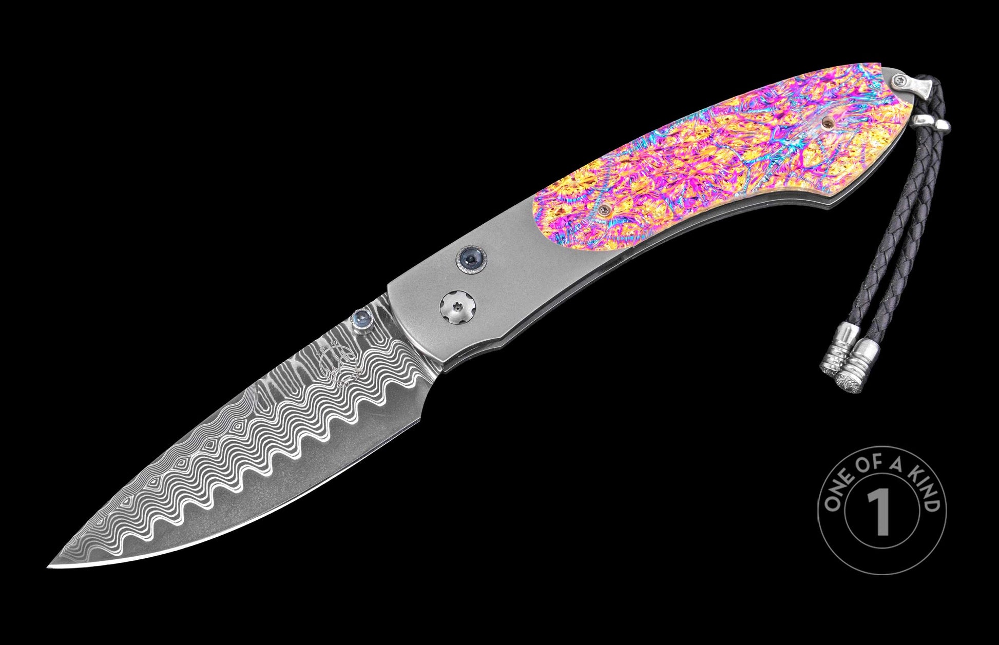 Damascus steel knife with vibrant iridescent handle by KC26018, featuring wavy blade pattern and braided lanyard, one-of-a-kind design, side view