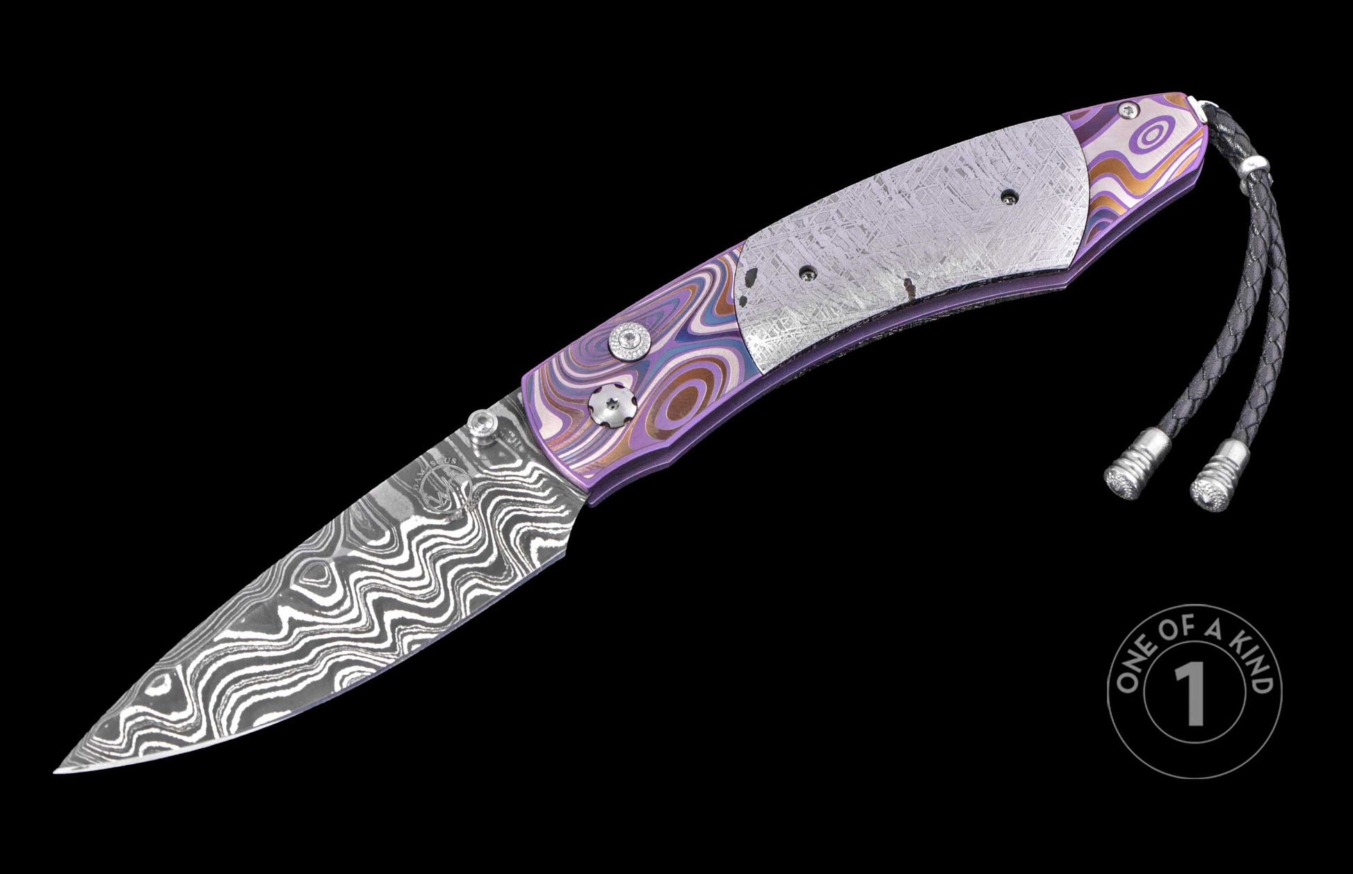 Damascus steel folding knife with purple mokume-gane handle, textured silver bolster, braided lanyard, side view, one of a kind