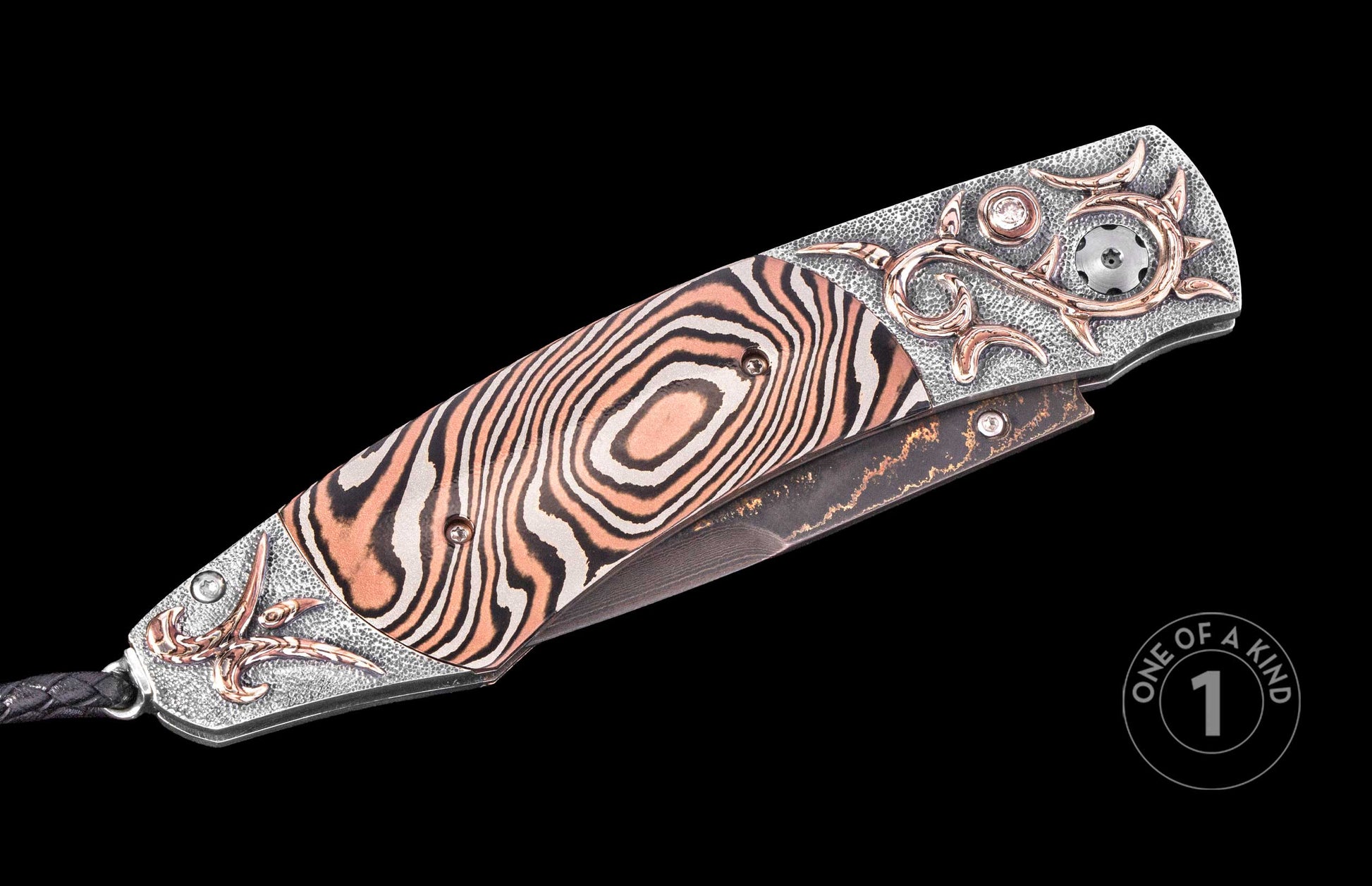 Luxury folding knife with copper-zebra patterned handle and rose gold filigree accents, side view, one of a kind