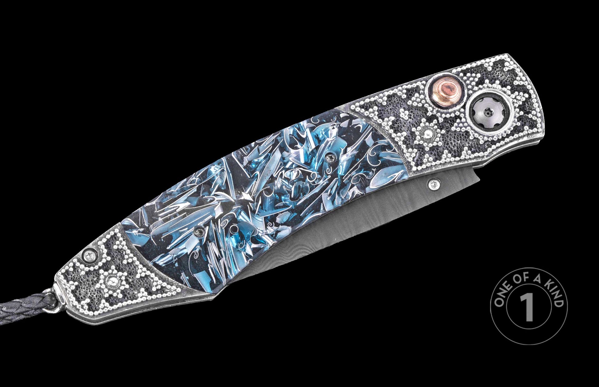 Luxury folding knife with blue marbled handle and silver floral inlays, featuring a partially open blade and textured silver accents, one of a kind.