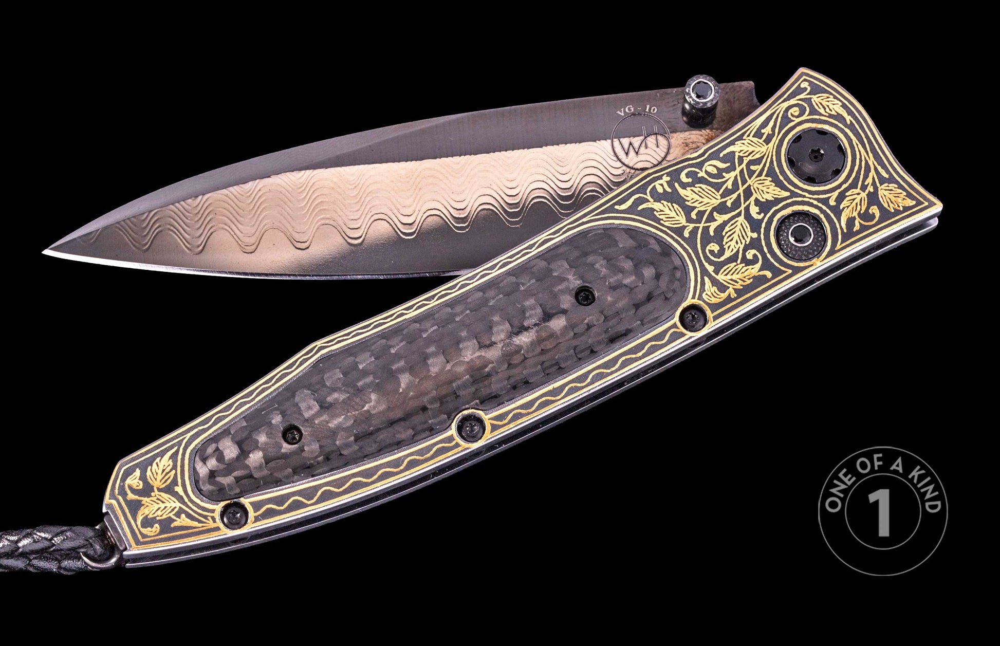 Damascus steel folding knife with black carbon fiber handle, gold floral inlay, and braided lanyard, one of a kind, side view