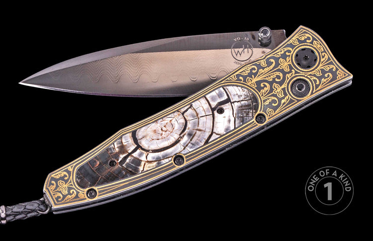 Damascus steel folding knife by WH with mother-of-pearl inlay, gold filigree, and black textured handle, side view, one of a kind