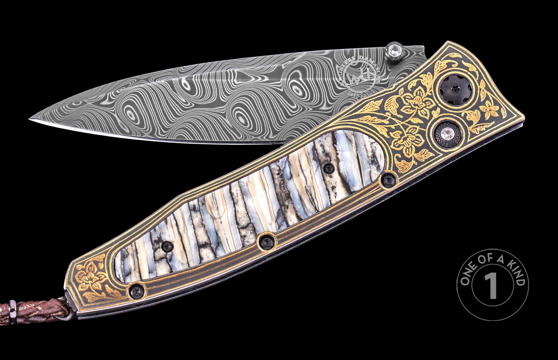 Damascus steel folding knife by WH with gold floral inlays, mother-of-pearl handle, and crystal accents, side view, one of a kind