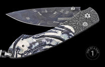 Luxury folding knife with damascus steel blade and agate inlay handle, featuring intricate etched patterns and silver hardware, one-of-a-kind design, side view