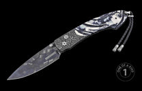 Damascus steel knife with intricate blade pattern and marbled black-white handle, featuring textured bolster and braided lanyard, one-of-a-kind luxury design