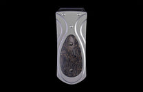 Silver-toned money clip with a dark insert featuring a swirling golden thread pattern.