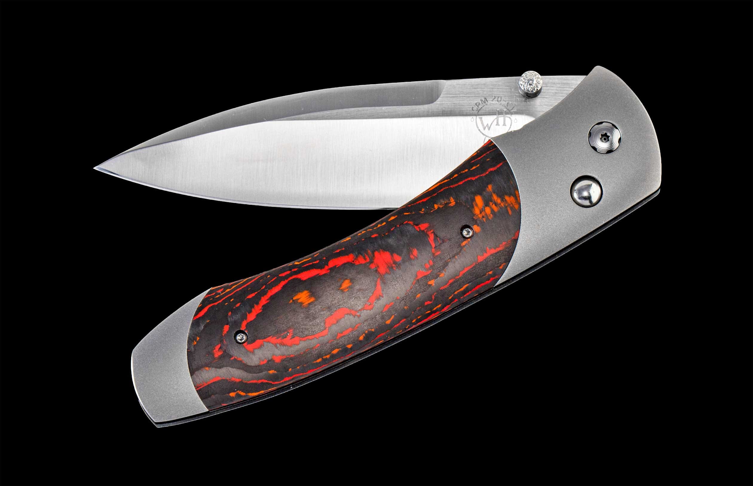 Handcrafted William Henry pocket knife with hand-finished titanium frame inlaid with 'Mars Valley' carbon fiber and a S35VN blade