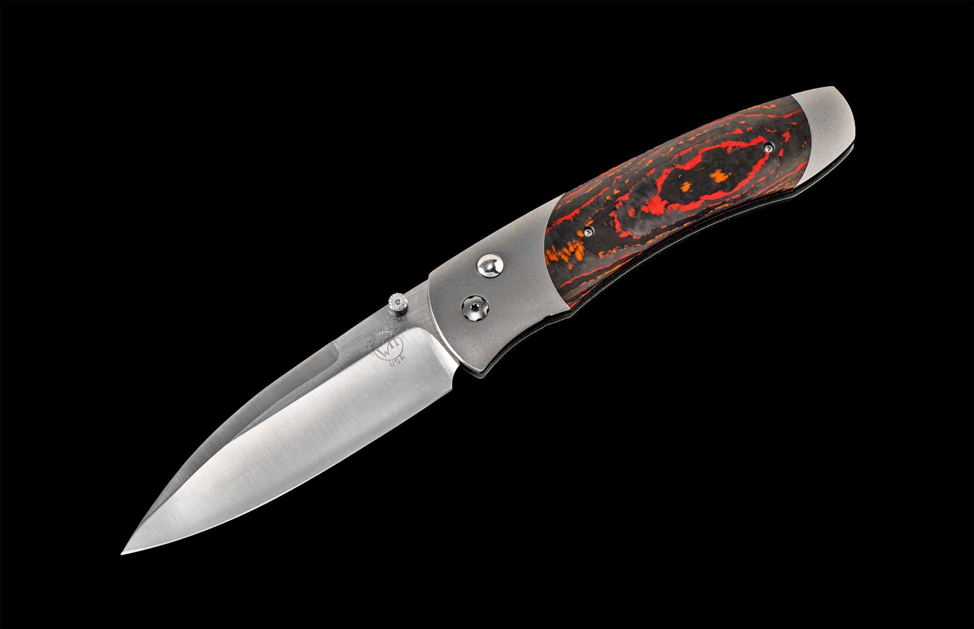 Handcrafted William Henry pocket knife with hand-finished titanium frame inlaid with 'Mars Valley' carbon fiber and a S35VN blade
