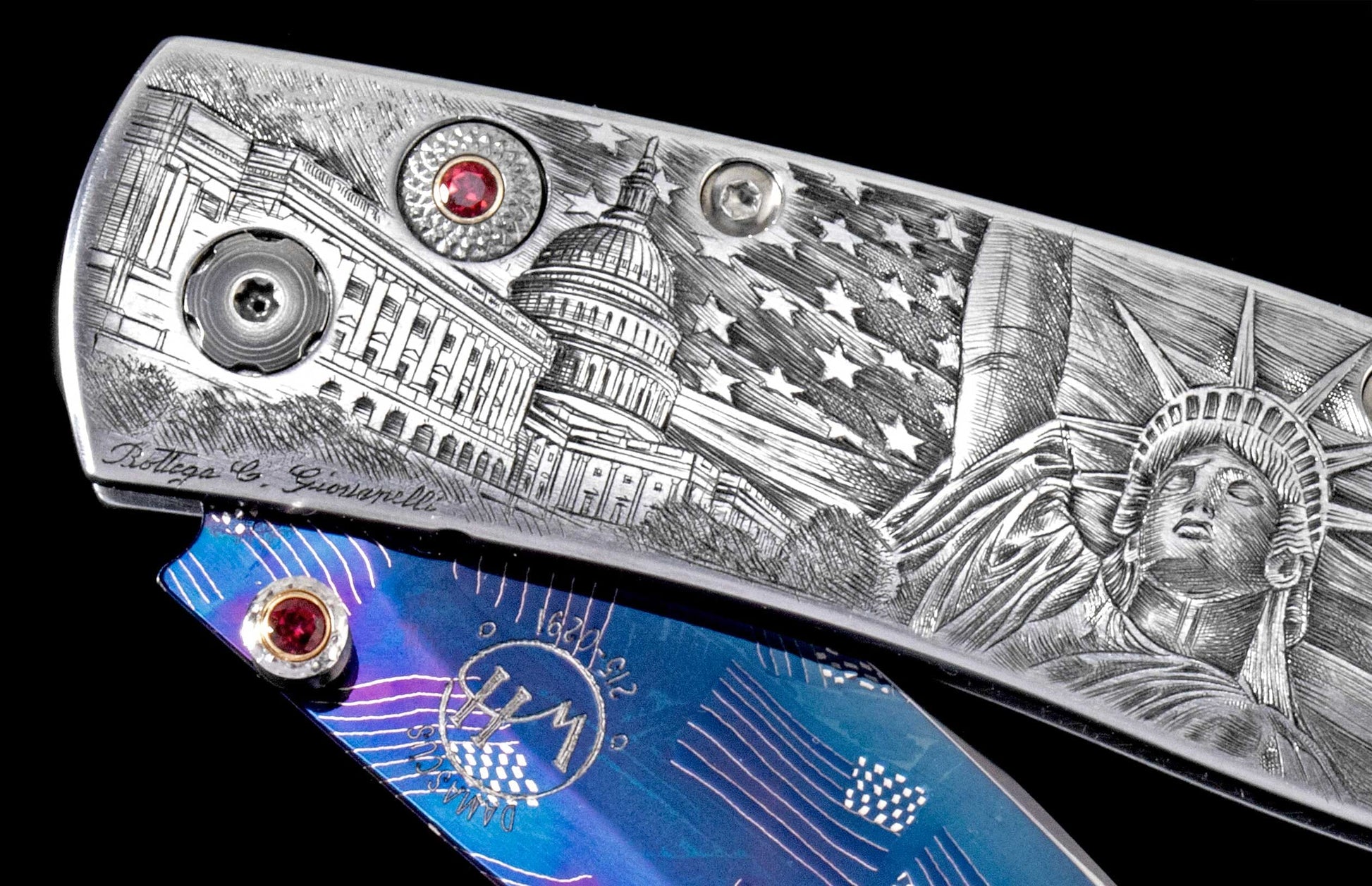 The Monarch America Hand-engraved Pocketknife with Hand-Forged 'Flag' Damascus Blade