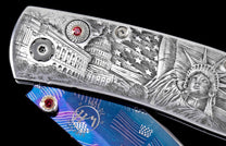 The Monarch America Hand-engraved Pocketknife with Hand-Forged 'Flag' Damascus Blade