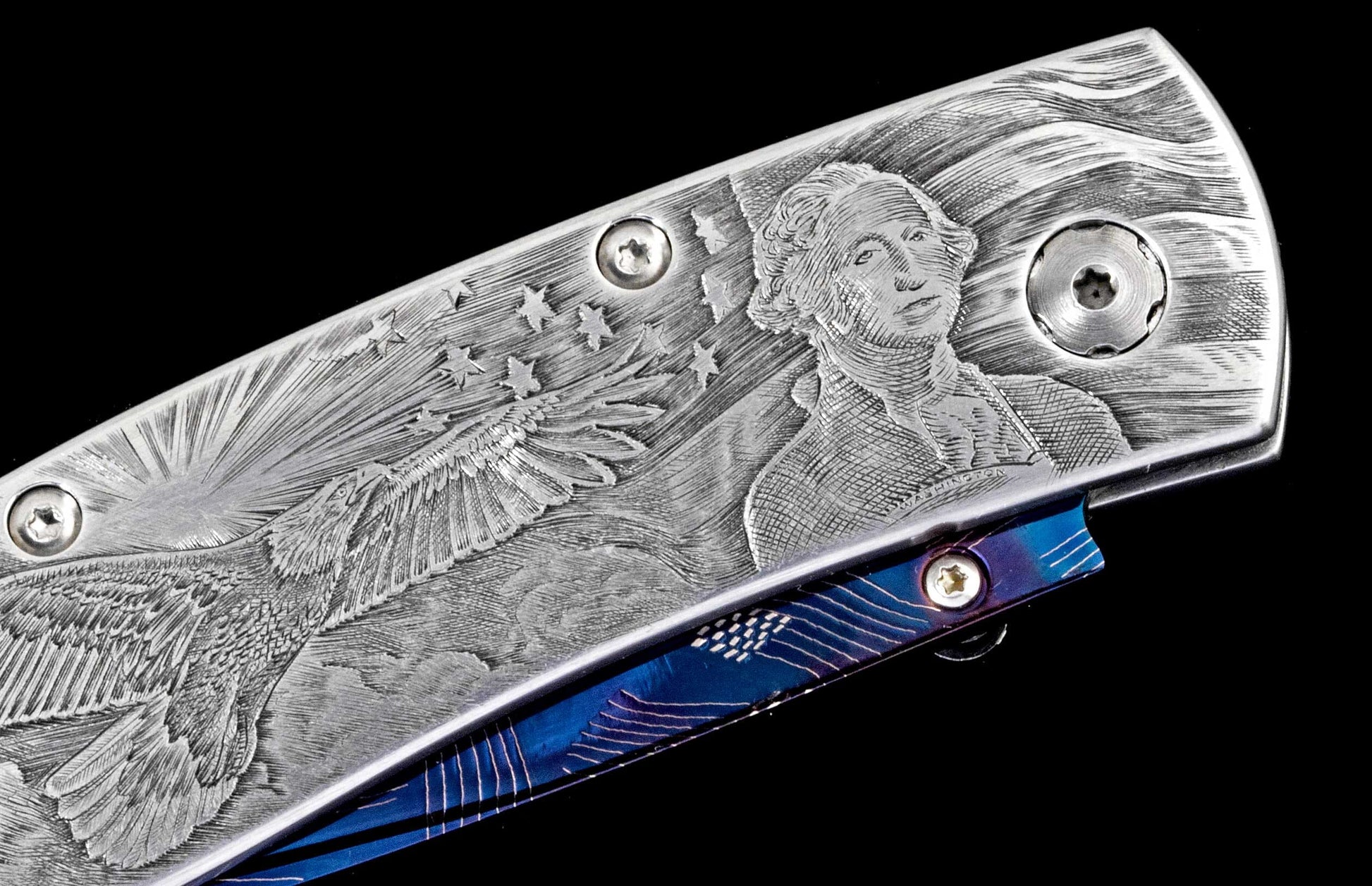 The Monarch America Hand-engraved Pocketknife with Hand-Forged 'Flag' Damascus Blade