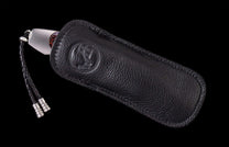 The Dark Fire Titanium Pocketknife with 'Wave' Mokume and Damascus Blade in a leather case
