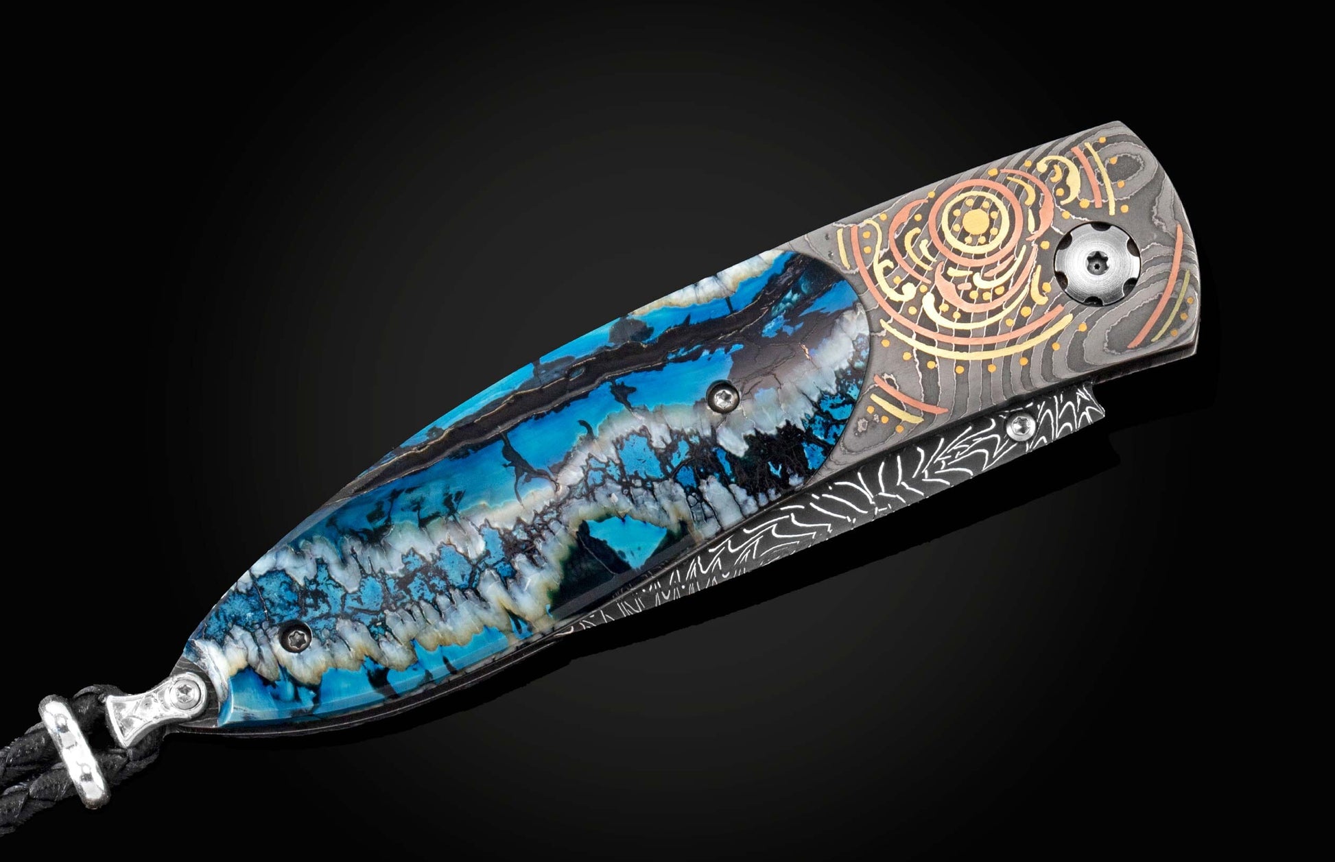  18K green gold and copper with fossil woolly mammoth tooth scales set with spinel gemstones and a hand-forged Damascus steel blade