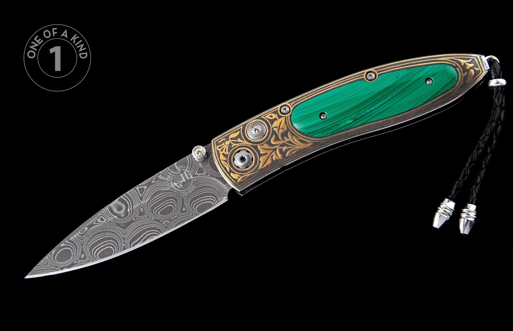 Folding knife with green malachite handle, gold engraved frame, Damascus steel blade, and black braided lanyard.