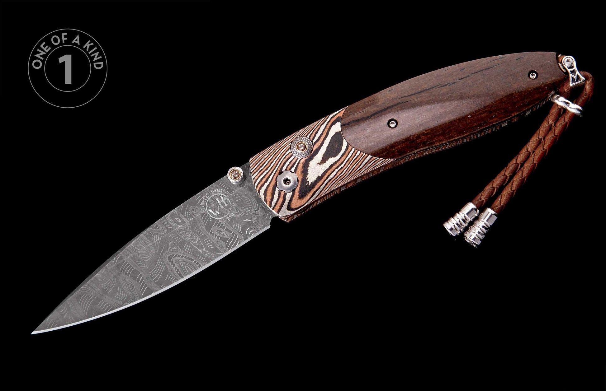 Folding knife with dark wood and striped handle scales, a patterned Damascus steel blade, and a braided leather lanyard, with a 'one of a kind' graphic.