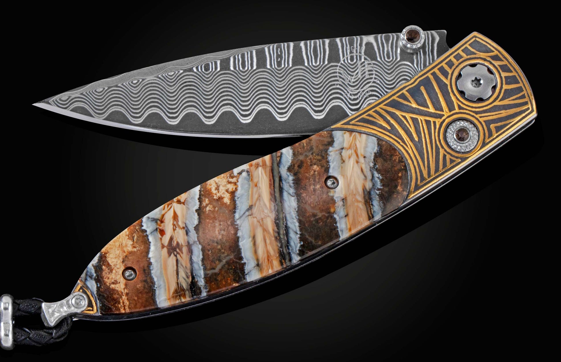 Hand forged Damascus steel pocket knife from William Henry with 24K gold koftgari, inlaid with 10,000 year-old fossil Woolly Mammoth tooth. The knife is displayed partially open on a black background.