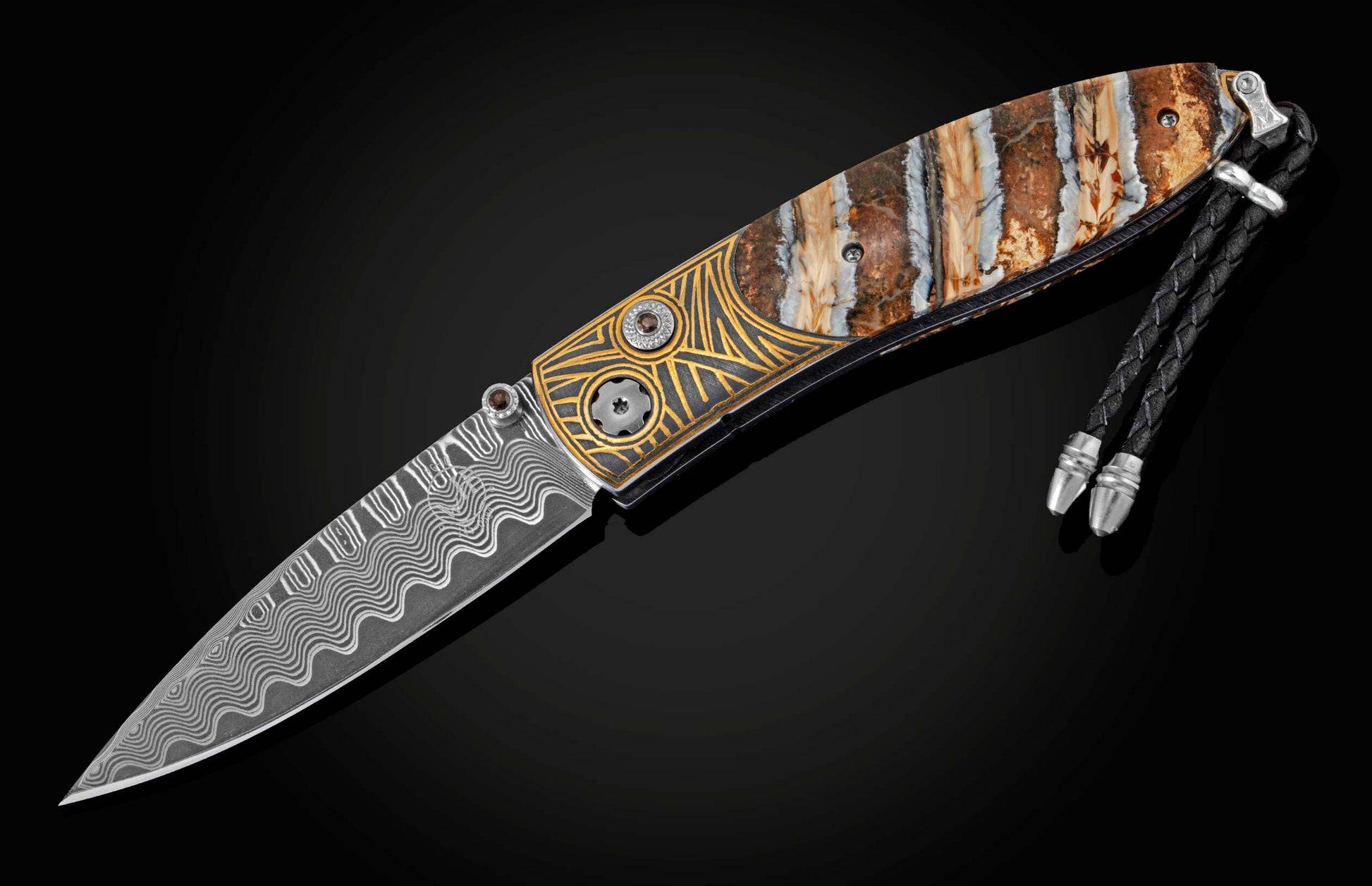 000 year-old fossil Woolly Mammoth tooth. The knife is displayed partially open on a black background.