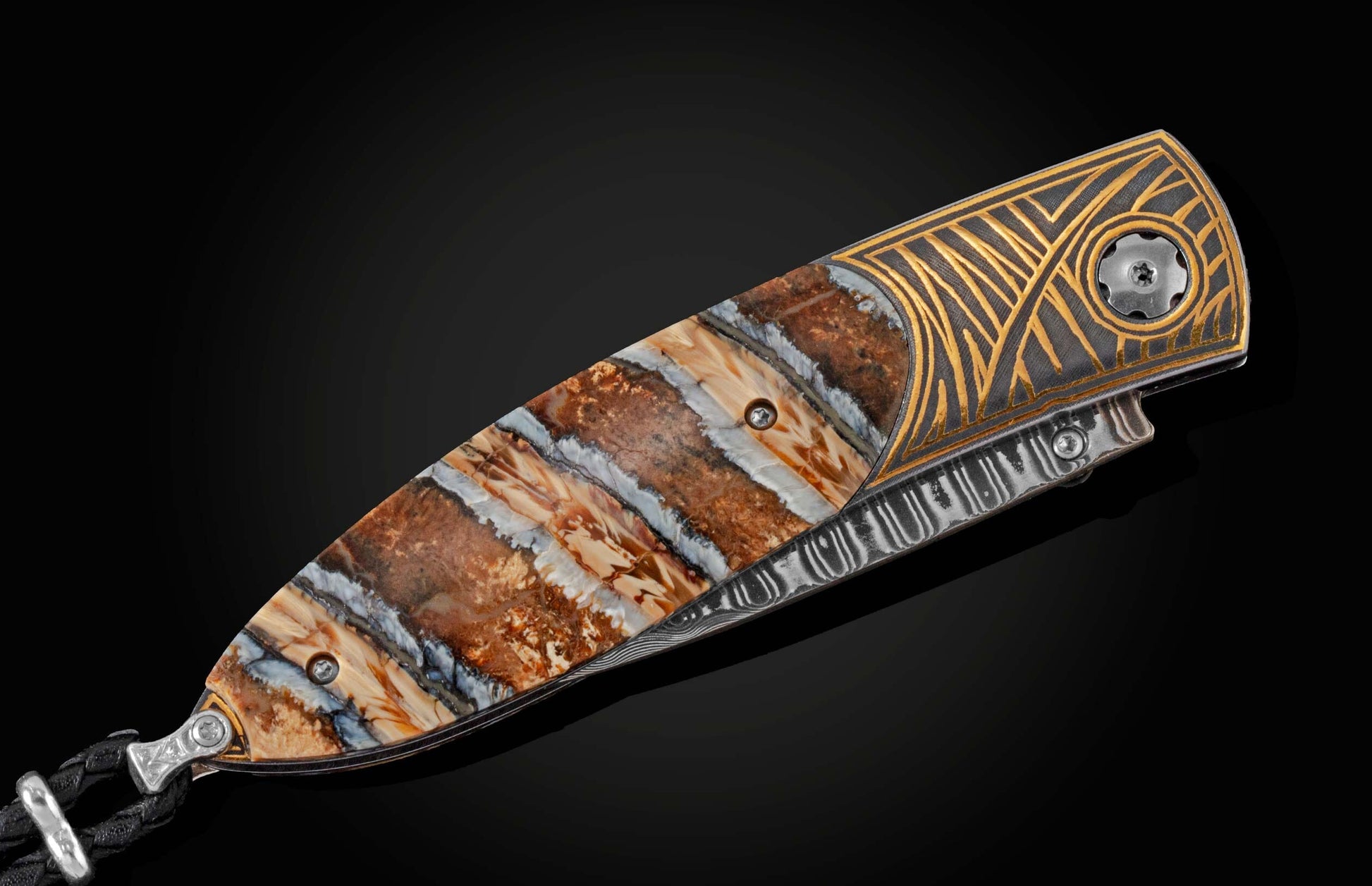 Hand forged Damascus steel pocket knife from William Henry with 24K gold koftgari
