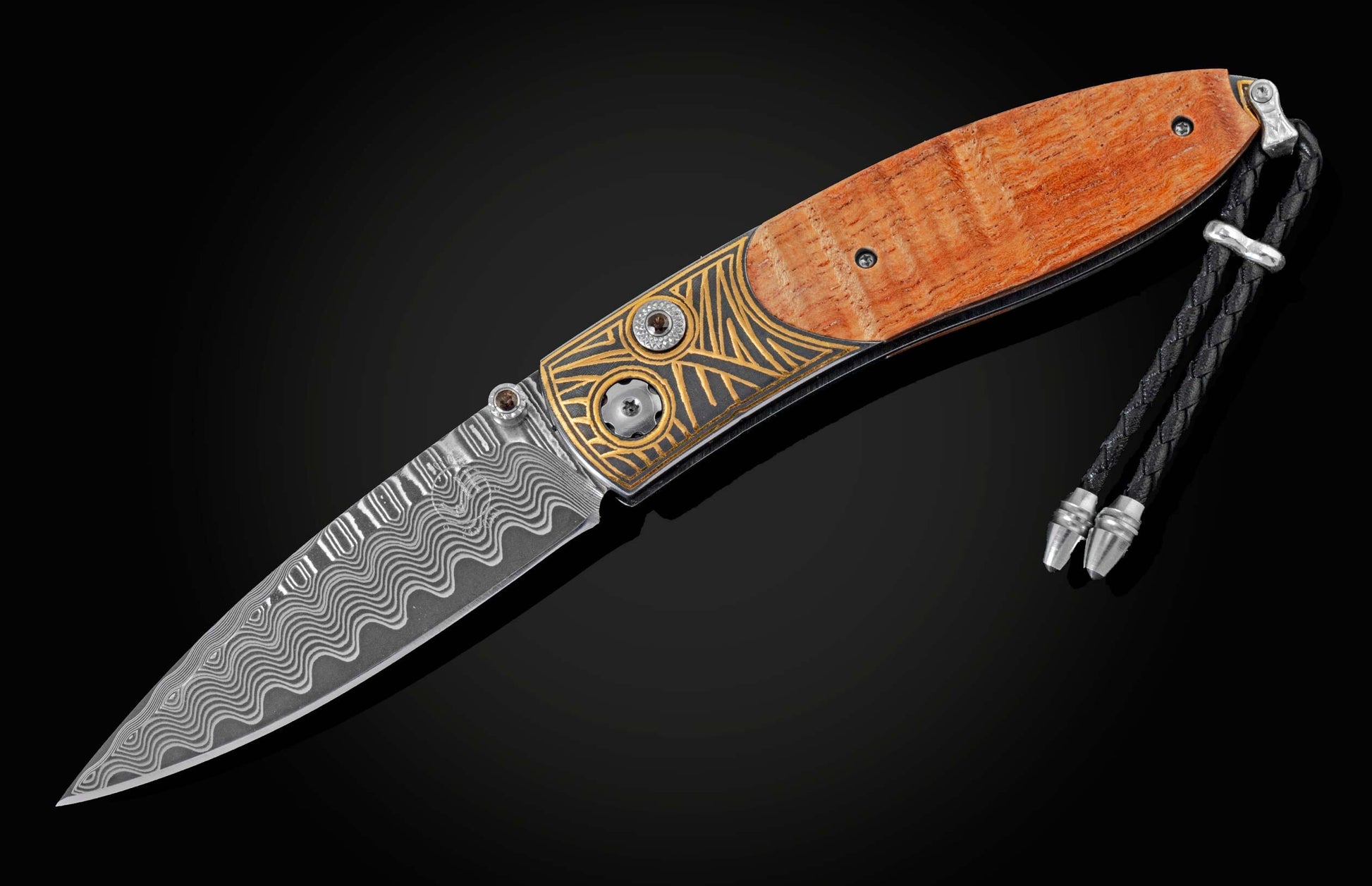 Handcrafted pocket knife with Damascus steel blade and scales featuring curly koa wood and 24K gold koftgari. Displayed on a black background fully open.