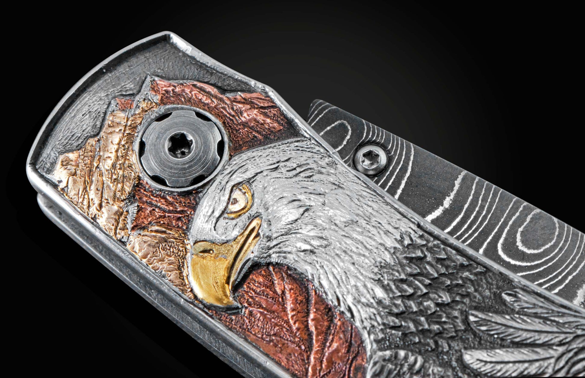  and tombac inlays. The blade is hand-forged Damascus steel and the button lock and the thumb stud are set with sp